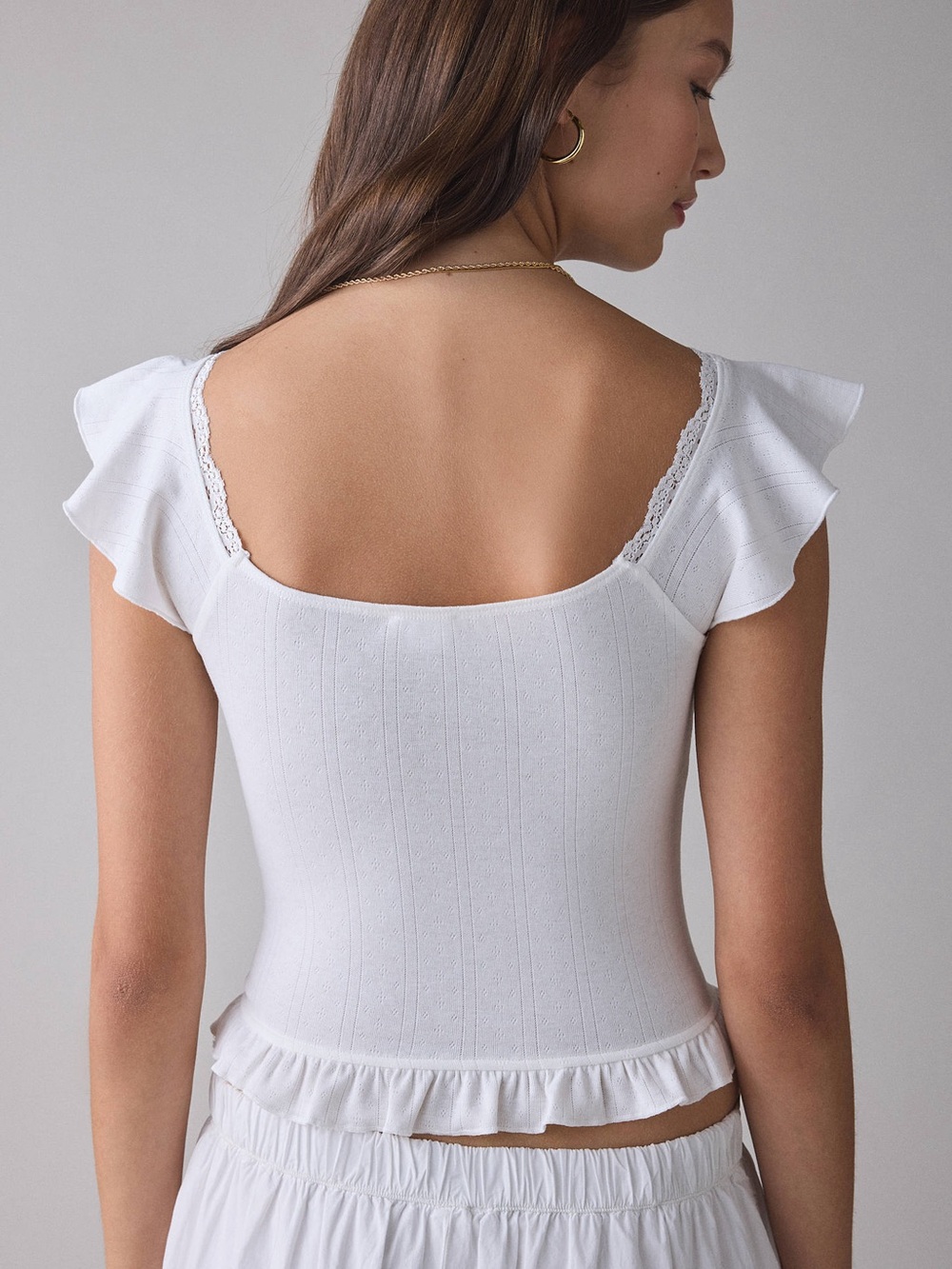 UO Kimchi Blue Posie Pointelle Knit Lace-Trim Ruffle Top in Ivory - Picture 5 of 9